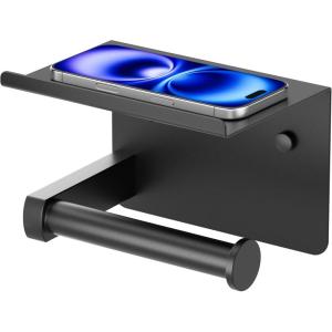 imageFORIOUS Toilet Paper Holder with Shelf Adhesive or Screw Wall Mount Toilet Roll Holder for Bathroom Rustproof 304 Stainless Steel Commercial Toilet Tissue Holder with Phone Shelf Brushed NickelMatte Black