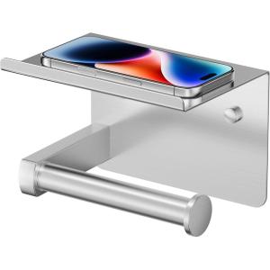 imageFORIOUS Toilet Paper Holder with Shelf Adhesive or Screw Wall Mount Toilet Roll Holder for Bathroom Rustproof 304 Stainless Steel Commercial Toilet Tissue Holder with Phone Shelf Brushed NickelBrushed Nickel