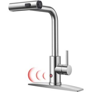 imageFORIOUS Touchless Waterfall Kitchen Faucets Black Kitchen Sink Faucet with Pull Down Sprayer Stainless Steel Modern Contemporary Kitchen Faucet HandsFree for Laundry Bar Rv FarmhouseStainless Steel
