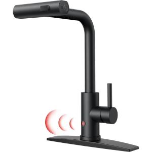 imageFORIOUS Touchless Waterfall Kitchen Faucets Black Kitchen Sink Faucet with Pull Down Sprayer Stainless Steel Modern Contemporary Kitchen Faucet HandsFree for Laundry Bar Rv FarmhouseMatte Black