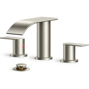 imageFORIOUS Upgrade Black Waterfall Bathroom Faucets 3 Hole Widespread 8 Inch Sleek Bathroom Sink Faucet with Metal Popup Drain and Supply Lines Two Handles for Vanity Farmhouse RemodelStainless Steel