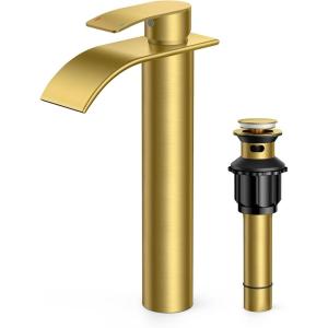imageFORIOUS Waterfall Bathroom Faucet 1 Hole Brushed Nickel Single Handle Bathroom Sink Faucets for 1 or 3 Hole with Deck Plate Metal Pop up Drain cUPC Hoses for Vanity Basin Rv Lavatory SinkGold