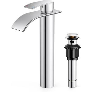 imageFORIOUS Waterfall Bathroom Faucet 1 Hole Brushed Nickel Single Handle Bathroom Sink Faucets for 1 or 3 Hole with Deck Plate Metal Pop up Drain cUPC Hoses for Vanity Basin Rv Lavatory SinkChrome