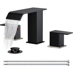 imageFORIOUS Widespread Bathroom Sink Faucet 3 Hole Brushed Nickel 2 Handles Waterfall Bathroom Faucet with Metal Popup Drain and 24quot Hot and Cold Water Hoses Suitable for Vanity RV RestroomBlackNickel