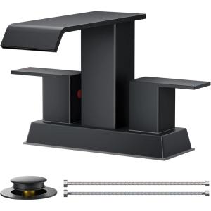 imageFORIOUS Widespread Bathroom Sink Faucet 3 Hole Brushed Nickel 2 Handles Waterfall Bathroom Faucet with Metal Popup Drain and 24quot Hot and Cold Water Hoses Suitable for Vanity RV RestroomMatte Black