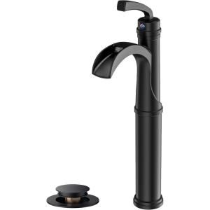 imageForious Black Bathroom Faucets Tall Waterfall Bathroom Faucet Single Handle One Hole Deck Mount Bowl Vessel Sink Faucet Bathroom with Metal Pop Up Drain and Supply LinesMatte Black