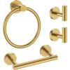 imageFORIOUS 4 Piece Bathroom Accessories SUS304 Stainless Steel Double Post Pivoting Toilet Paper Holder Towel Ring and 2 Towel Hooks Wall Mounted Bathroom Hardware Set Matte BlackDark Gold