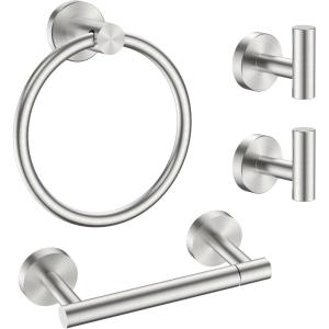 imageFORIOUS 4 Piece Bathroom Accessories SUS304 Stainless Steel Double Post Pivoting Toilet Paper Holder Towel Ring and 2 Towel Hooks Wall Mounted Bathroom Hardware Set Matte BlackBrushed Nickel