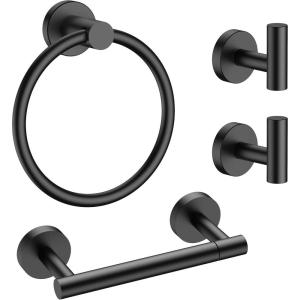 imageFORIOUS 4 Piece Bathroom Accessories SUS304 Stainless Steel Double Post Pivoting Toilet Paper Holder Towel Ring and 2 Towel Hooks Wall Mounted Bathroom Hardware Set Matte BlackMatte Black