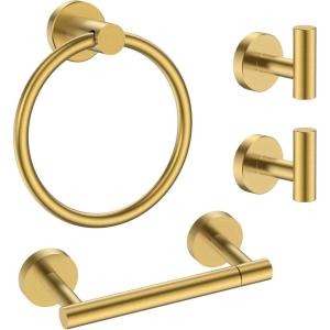 imageFORIOUS 4 Piece Bathroom Accessories SUS304 Stainless Steel Double Post Pivoting Toilet Paper Holder Towel Ring and 2 Towel Hooks Wall Mounted Bathroom Hardware Set Matte BlackDark Gold