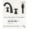 imageFORIOUS Faucet for Bathroom Sink 3 Hole Brushed Nickel Bathroom Faucet Widespread with Pop Up Drain and Water Hose Supply 2 Cross Handle Design for Vanity RV Farmhouse SinkMatte Black