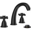 imageFORIOUS Faucet for Bathroom Sink 3 Hole Brushed Nickel Bathroom Faucet Widespread with Pop Up Drain and Water Hose Supply 2 Cross Handle Design for Vanity RV Farmhouse SinkMatte Black