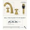 imageFORIOUS Faucet for Bathroom Sink 3 Hole Brushed Nickel Bathroom Faucet Widespread with Pop Up Drain and Water Hose Supply 2 Cross Handle Design for Vanity RV Farmhouse SinkBrushed Gold