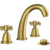 imageFORIOUS Faucet for Bathroom Sink 3 Hole Brushed Nickel Bathroom Faucet Widespread with Pop Up Drain and Water Hose Supply 2 Cross Handle Design for Vanity RV Farmhouse SinkBrushed Gold