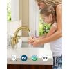 imageFORIOUS Faucet for Bathroom Sink 3 Hole Brushed Nickel Bathroom Faucet Widespread with Pop Up Drain and Water Hose Supply 2 Cross Handle Design for Vanity RV Farmhouse SinkBrushed Gold