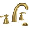imageFORIOUS Faucet for Bathroom Sink 3 Hole Brushed Nickel Bathroom Faucet Widespread with Pop Up Drain and Water Hose Supply 2 Cross Handle Design for Vanity RV Farmhouse SinkBrushed Gold