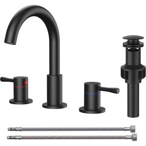 imageFORIOUS 8 inch Bathroom Sink Faucet Widespread Vanity Bathroom Faucet with 360 Swivel High Arc Spout PopUp Drain and cUPC Supply Lines IncludedMatte Black