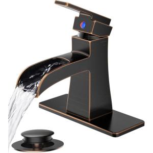 imageFORIOUS Black Bathroom Faucet Waterfall Bathroom Faucets for 1 or 3 Holes Sink with Single Handle with PopUp Drain and Water Supplies for Commercial Vanity Lavatory Restroom FarmhouseOil Rubbed Bronze