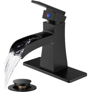 imageFORIOUS Black Bathroom Faucet Waterfall Bathroom Faucets for 1 or 3 Holes Sink with Single Handle with PopUp Drain and Water Supplies for Commercial Vanity Lavatory Restroom FarmhouseMatte Black