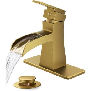 imageFORIOUS Black Bathroom Faucet Waterfall Bathroom Faucets for 1 or 3 Holes Sink with Single Handle with PopUp Drain and Water Supplies for Commercial Vanity Lavatory Restroom FarmhouseBrushed Gold