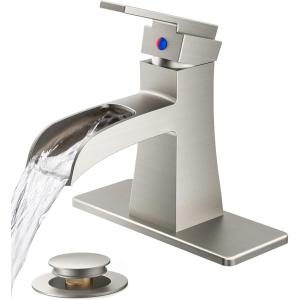 imageFORIOUS Black Bathroom Faucet Waterfall Bathroom Faucets for 1 or 3 Holes Sink with Single Handle with PopUp Drain and Water Supplies for Commercial Vanity Lavatory Restroom FarmhouseBrushed Nickel