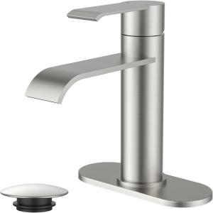 imageFORIOUS Brushed Nickel Bathroom Faucets Modern Waterfall Bathroom for 1 or 3 Hole Single Handle Faucets with Metal Pop Up Drain and 24quot Supply HosesStainless Steel