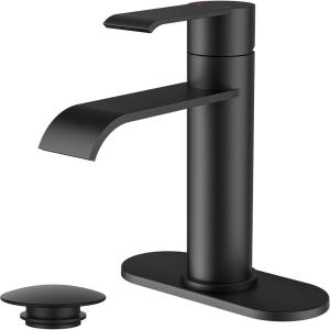 imageFORIOUS Brushed Nickel Bathroom Faucets Modern Waterfall Bathroom for 1 or 3 Hole Single Handle Faucets with Metal Pop Up Drain and 24quot Supply HosesMatte Black