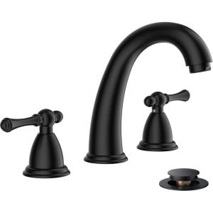 imageFORIOUS Faucet for Bathroom Sink 3 Hole Brushed Nickel Bathroom Faucet Widespread with Pop Up Drain and Water Hose Supply 2 Cross Handle Design for Vanity RV Farmhouse SinkMatte Black