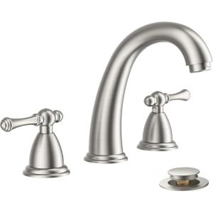 imageFORIOUS Faucet for Bathroom Sink 3 Hole Brushed Nickel Bathroom Faucet Widespread with Pop Up Drain and Water Hose Supply 2 Cross Handle Design for Vanity RV Farmhouse SinkStainless Steel