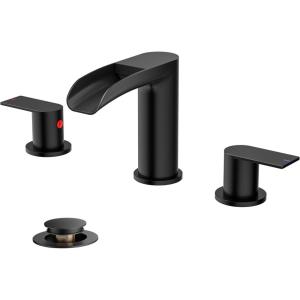 imageFORIOUS Gold Bathroom Faucet Waterfall Bathroom Faucet for Sink 3 Hole with Easy Install PopUp Drain and Water Supply 8 Inch Widespread for Vanity CamperRestroomMatte Black