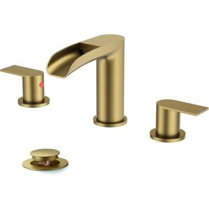 imageFORIOUS Gold Bathroom Faucet Waterfall Bathroom Faucet for Sink 3 Hole with Easy Install PopUp Drain and Water Supply 8 Inch Widespread for Vanity CamperRestroomBrushed Gold