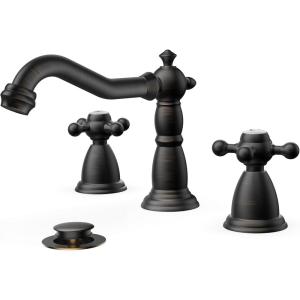 imageFORIOUS Matte Black and Gold Brass Antique Vintage Bathroom Faucet with Metal Pop Up Drain and 24quot Water Hose for 3 Hole 8 Inch Widespread Bathroom Sink Farmhouse VanityOil Rubbed Bronze