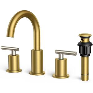 imageFORIOUS Brushed Nickel and Gold Bathroom Faucet 3 Hole LeadFree 8 in Widespread Bathroom Vanity Faucet Brushed Gold and Silver with Metal Popup Drain cUPC Supply Hoses and 12 GPM Spare AeratorGoldStainless Steel