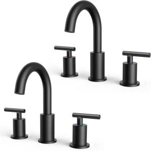 imageFORIOUS 2 Pack Black Bathroom Faucet 3 Hole 8quot Widespread Matte Black Bathroom Sink Faucet with 360Swivel Spout Suitable for 612 Inch Vanity Sink with Metal Popup Drain and Supply LineMatte Black  2