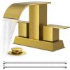 imageFORIOUS Black and Gold Bathroom Faucets 3 Hole Two Handle 8 Inch Widespread Lavatory Vanity Bathroom Sink Faucet with CUPC Hose and Metal Popup Drain Waterfall SpoutBrushed Gold