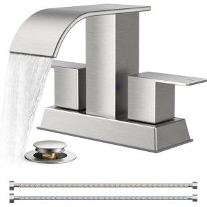 imageFORIOUS Black and Gold Bathroom Faucets 3 Hole Two Handle 8 Inch Widespread Lavatory Vanity Bathroom Sink Faucet with CUPC Hose and Metal Popup Drain Waterfall SpoutStainless Steel