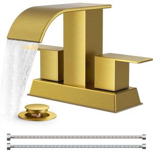 imageFORIOUS Black and Gold Bathroom Faucets 3 Hole Two Handle 8 Inch Widespread Lavatory Vanity Bathroom Sink Faucet with CUPC Hose and Metal Popup Drain Waterfall SpoutBrushed Gold