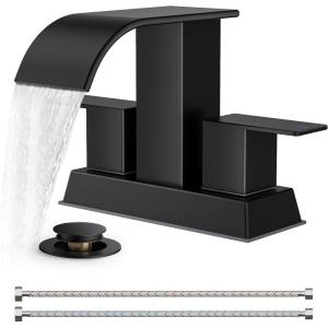 imageFORIOUS Black and Gold Bathroom Faucets 3 Hole Two Handle 8 Inch Widespread Lavatory Vanity Bathroom Sink Faucet with CUPC Hose and Metal Popup Drain Waterfall SpoutMatte Black