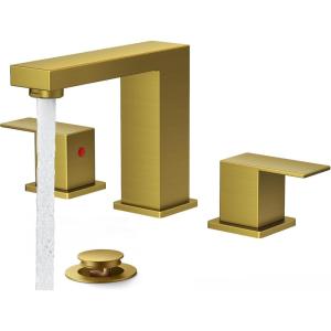 imageFORIOUS 8 Inch Widespread Black and Gold Bathroom Faucet Square 2 Handle 6 Inch Matte Black Faucets for Bathroom Sink 3 Hole 810 Inch Vanity Sink with Popup Drain Hot and Cold Water HosesBrushed Gold