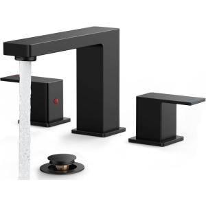 imageFORIOUS 8 Inch Widespread Black and Gold Bathroom Faucet Square 2 Handle 6 Inch Matte Black Faucets for Bathroom Sink 3 Hole 810 Inch Vanity Sink with Popup Drain Hot and Cold Water HosesMatte Black