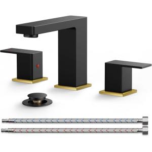 imageFORIOUS 8 Inch Widespread Black and Gold Bathroom Faucet Square 2 Handle 6 Inch Matte Black Faucets for Bathroom Sink 3 Hole 810 Inch Vanity Sink with Popup Drain Hot and Cold Water HosesBlackGold