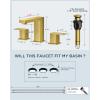 imageFORIOUS 2 Pack Gold Bathroom Faucet 3 Hole Square 2 Handle 8 in Widespread Brushed Gold Bathroom Sink Faucet 3 Hole with Metal Drain 24 CUPC Supply Lines and Spare AeratorBrushed Gold