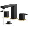 imageFORIOUS 2 Pack Gold Bathroom Faucet 3 Hole Square 2 Handle 8 in Widespread Brushed Gold Bathroom Sink Faucet 3 Hole with Metal Drain 24 CUPC Supply Lines and Spare AeratorBlackGold