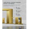 imageFORIOUS 2 Pack Gold Bathroom Faucet 3 Hole Square 2 Handle 8 in Widespread Brushed Gold Bathroom Sink Faucet 3 Hole with Metal Drain 24 CUPC Supply Lines and Spare AeratorGold