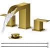 imageFORIOUS 2 Pack Square Brushed Gold Bathroom Faucets 3 Hole Waterfall 8 Inch Widespread Bathroom Sink Faucet with Metal Popup Drain and Supply Lines Two Handles for Vanity Lavatory RestroomBrushed Gold
