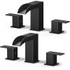 imageFORIOUS 2 Pack Square Brushed Gold Bathroom Faucets 3 Hole Waterfall 8 Inch Widespread Bathroom Sink Faucet with Metal Popup Drain and Supply Lines Two Handles for Vanity Lavatory RestroomMatte Black 2
