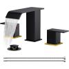 imageFORIOUS Brushed Gold Bathroom Sink Faucets 3 Hole Widespread 2 Handles Bathroom Faucet with Popup Drain and Flexible Hot and Cold Water Hoses Suitable for Vanity RV Restroom 2 PackBlack and Gold
