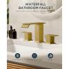 imageFORIOUS Brushed Gold Bathroom Sink Faucets 3 Hole Widespread 2 Handles Bathroom Faucet with Popup Drain and Flexible Hot and Cold Water Hoses Suitable for Vanity RV Restroom 2 PackBrushed Gold x2