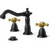 imageFORIOUS Brushed Nickel Bathroom Sink Faucet 3 Holes 2 Handle Widepsread Antique Faucet for Bathroom Sink with PopUp Drain and Water Supplies for Commercial Vanity Lavatory Restroom FarmhouseBlack and Gold