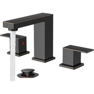 imageFORIOUS 2 Pack Gold Bathroom Faucet 3 Hole Square 2 Handle 8 in Widespread Brushed Gold Bathroom Sink Faucet 3 Hole with Metal Drain 24 CUPC Supply Lines and Spare AeratorOil Rubbed Bronze